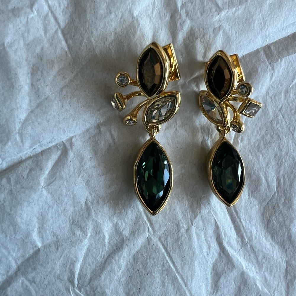 Alexis Bittar Navette Crystal Gold and Dark Green Earrings - Picture 2 of 6